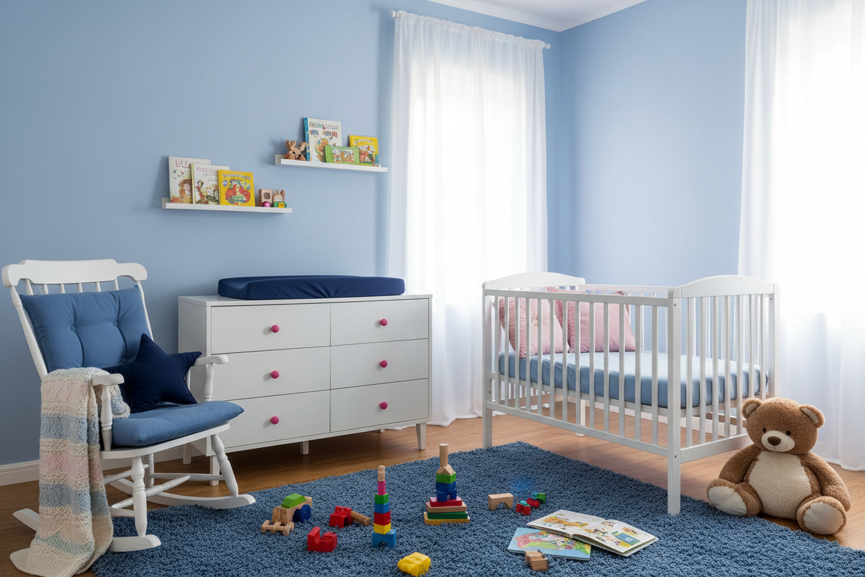 remove the blanket from the crib, change the star pillow on the chair to navy blue. Add a dark blue changing pad cover on the dresser changing pad